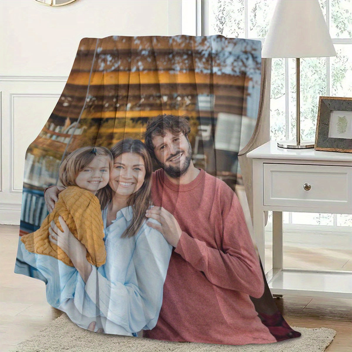 Upgrade your decor with our Custom Photo Flannel Blanket by SRH. This soft and cozy blanket is perfect for all seasons, made with 200-250g polyester for ultimate warmth. Featuring a digital print in contemporary style, this blanket is versatile for use