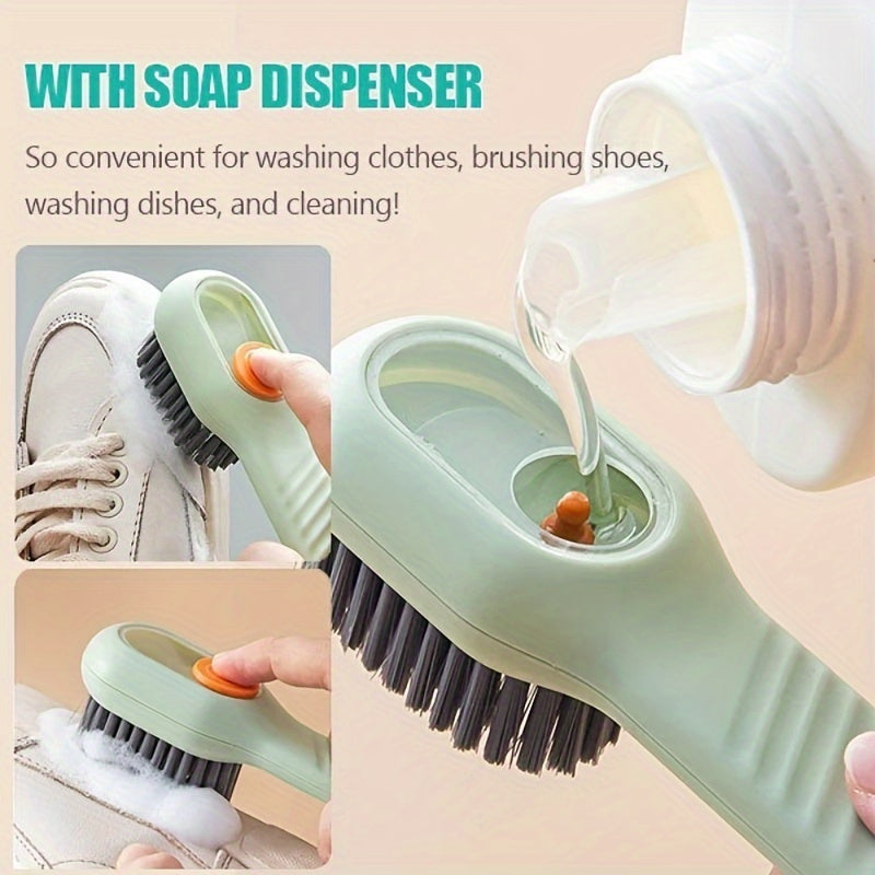 Multifunctional Shoe Brush with Soap Dispenser - Soft Bristles for Gentle Cleaning, Perfect for Shoes, Clothes, and Dishes - Light Green, Durable Plastic Material