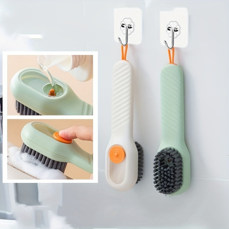 Multifunctional Shoe Brush with Soap Dispenser - Soft Bristles for Gentle Cleaning, Perfect for Shoes, Clothes, and Dishes - Light Green, Durable Plastic Material