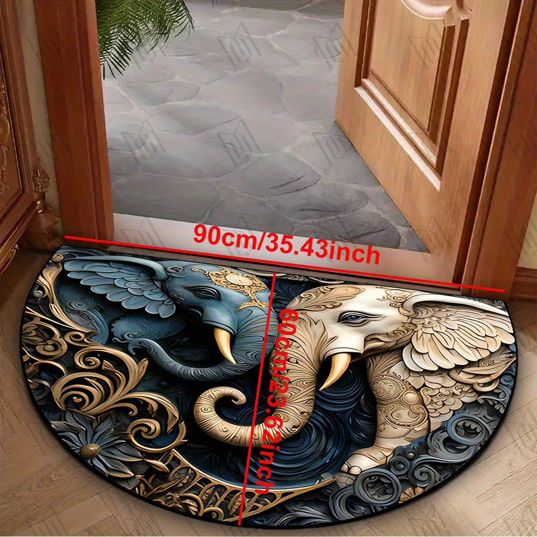 This Elephant Welcome Mat features a non-slip backing and is durable and stain-resistant, making it perfect for use in the living room, bedroom, laundry room, entryway, kitchen, or any indoor space. Its half-circle shape, machine-made construction, and