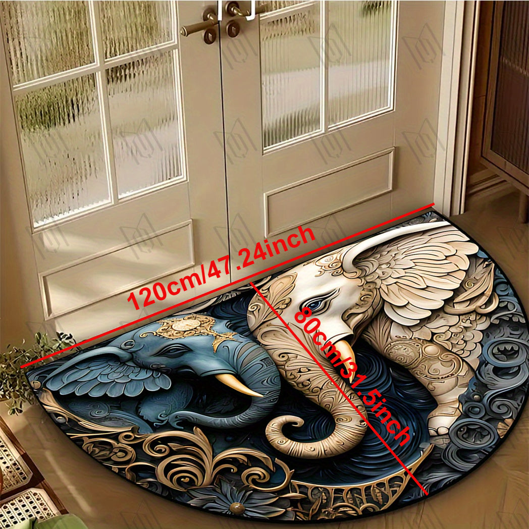 This Elephant Welcome Mat features a non-slip backing and is durable and stain-resistant, making it perfect for use in the living room, bedroom, laundry room, entryway, kitchen, or any indoor space. Its half-circle shape, machine-made construction, and