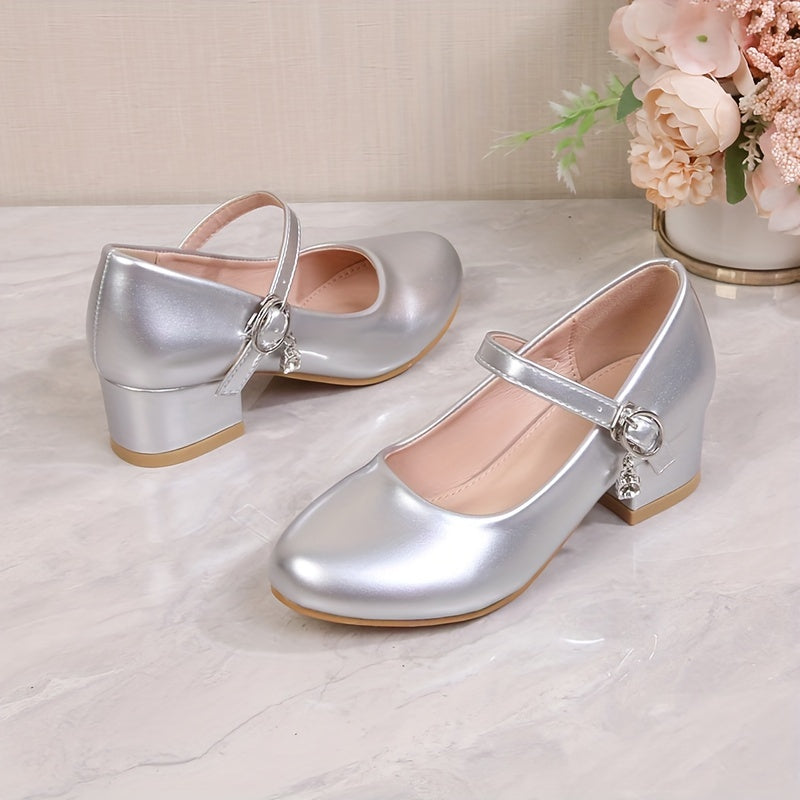 Girls' Princess High Heel Ballet Shoes in British campus style, ideal for weddings and formal events. Available in black, white, pink, and golden colors with a durable TPR sole.