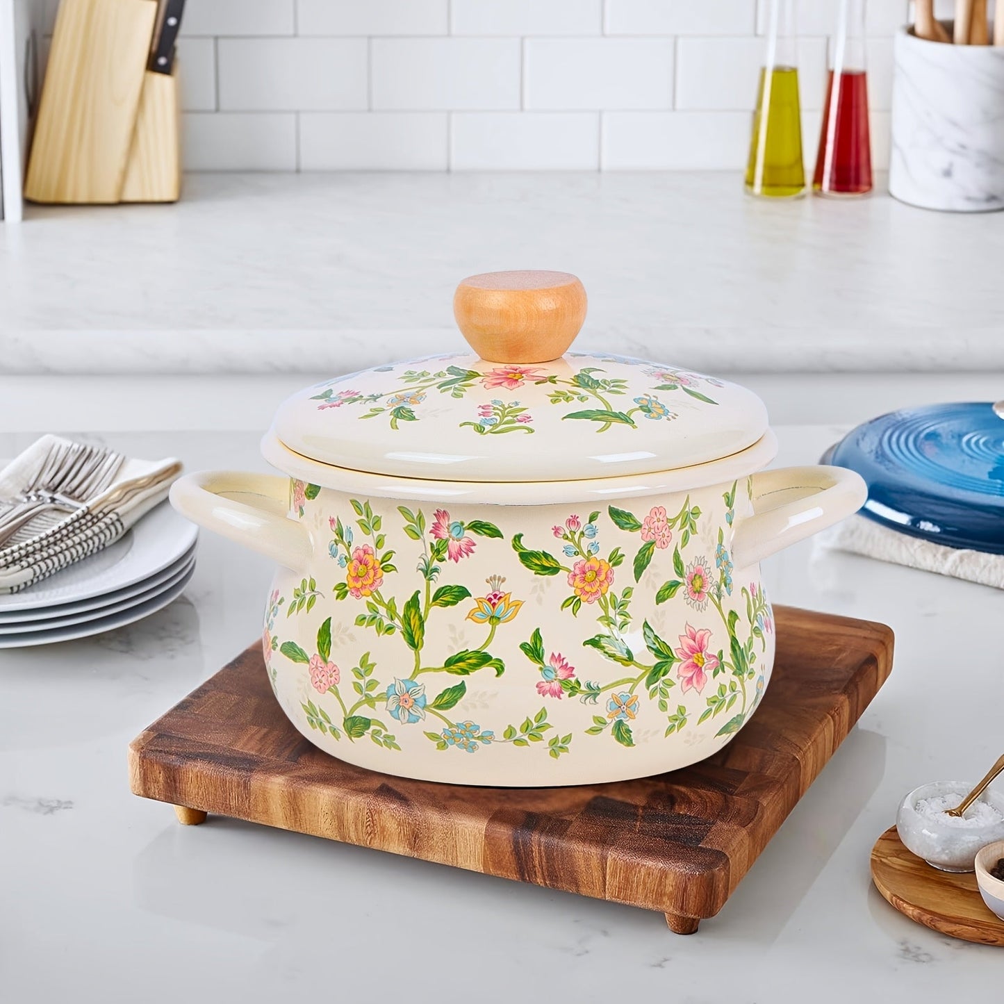 Floral Soup Pot with Enamel Finish and Rolled Edges - Perfect for both Open Fire and Induction Cooktops, Ideal for a Fresh Cooking Adventure