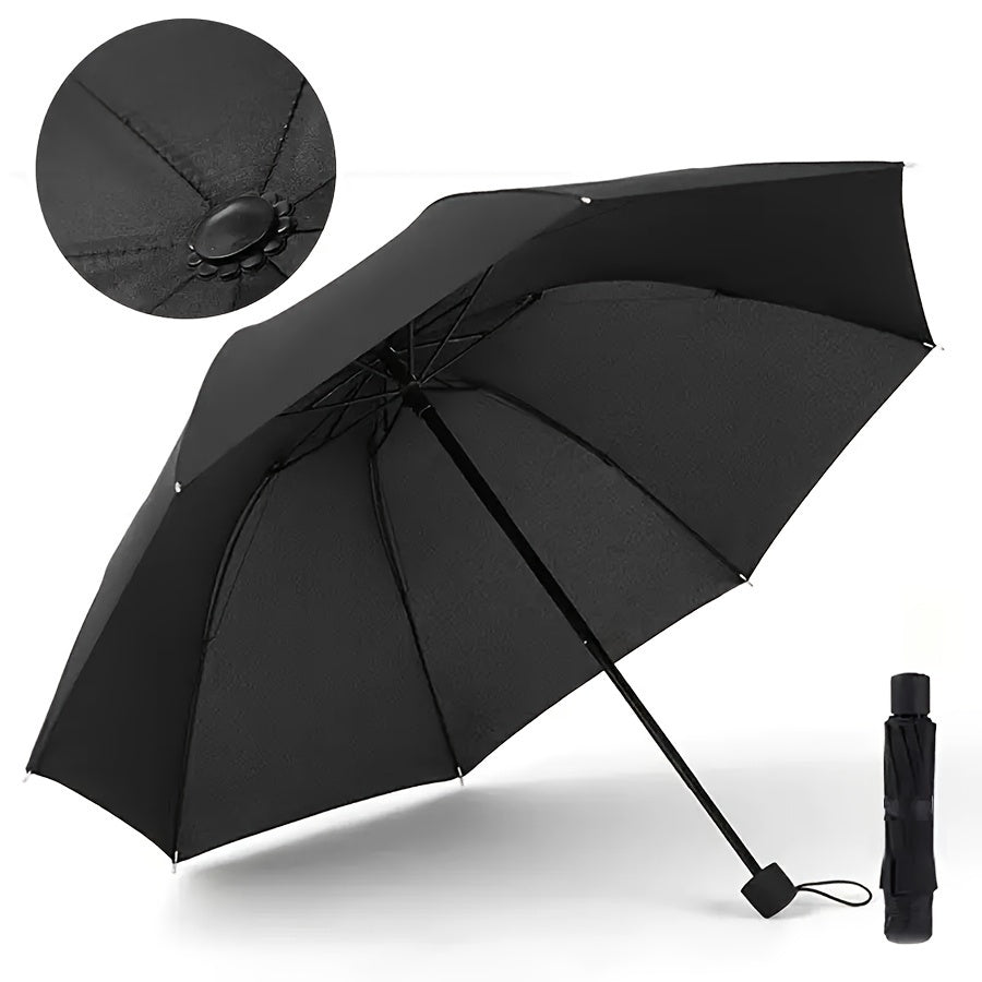 8-rib windproof sun umbrella with iron frame, thickened 190T Pongee fabric, manual foldable, basic style, UV protection, black with plastic handle.