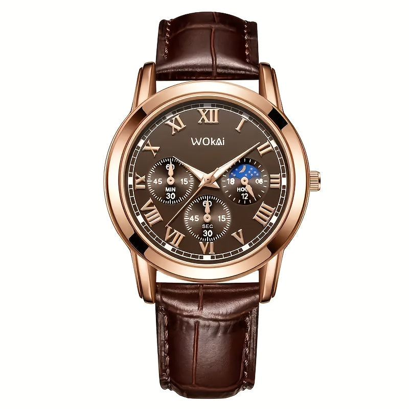 WOKAI Men's Casual Quartz Watch with Faux Leather Strap and Round Dial. This fashionable business wristwatch features a non-waterproof electronic drive and comes in a plastic case. Perfect for gifting.