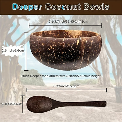 Set of 2 natural coconut bowls for salads, noodles, yogurt, and cereal. Ideal for home and restaurant use.