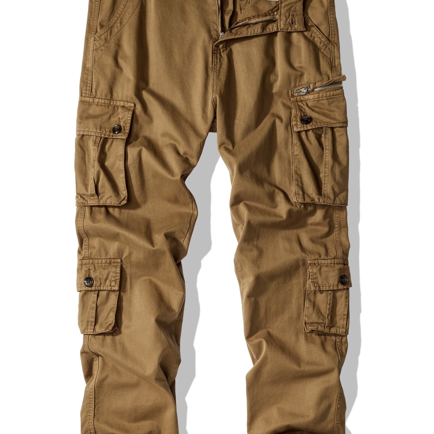 Men's plus size cargo pants in solid color, loose fit, made of washed cotton for all-season wear. Features 8 pockets and a street style design.