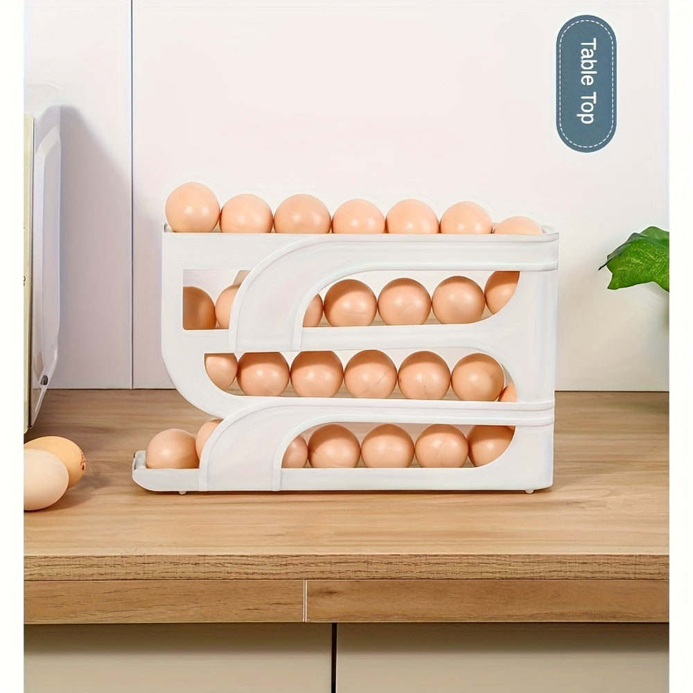 3/4-layer Refrigerator Egg Storage Rack with Sliding Roller Distributor - Keeps eggs fresh and safe with non-contact food safety material. Ideal for kitchen countertops.