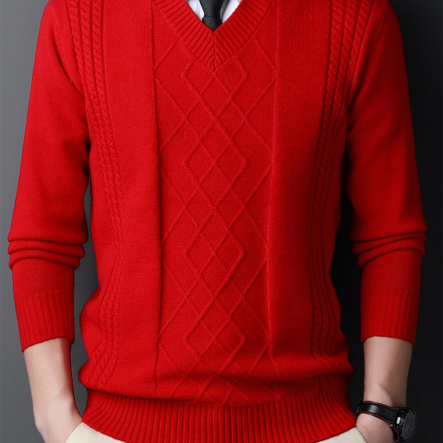 Men's red V-neck sweater with diamond pattern, long sleeves, ideal for fall and winter, can be layered for a formal look.