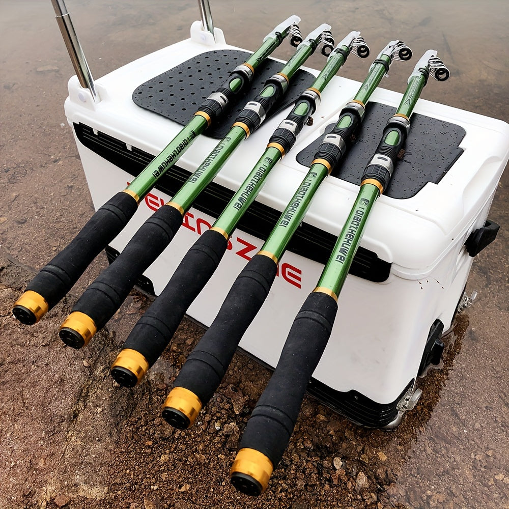 Telescopic fishing rod made of carbon fiber and FRP, 30-70cm extendable with green and black design. Features comfort foam handle and durable ceramic and stainless steel reel seat. Ideal