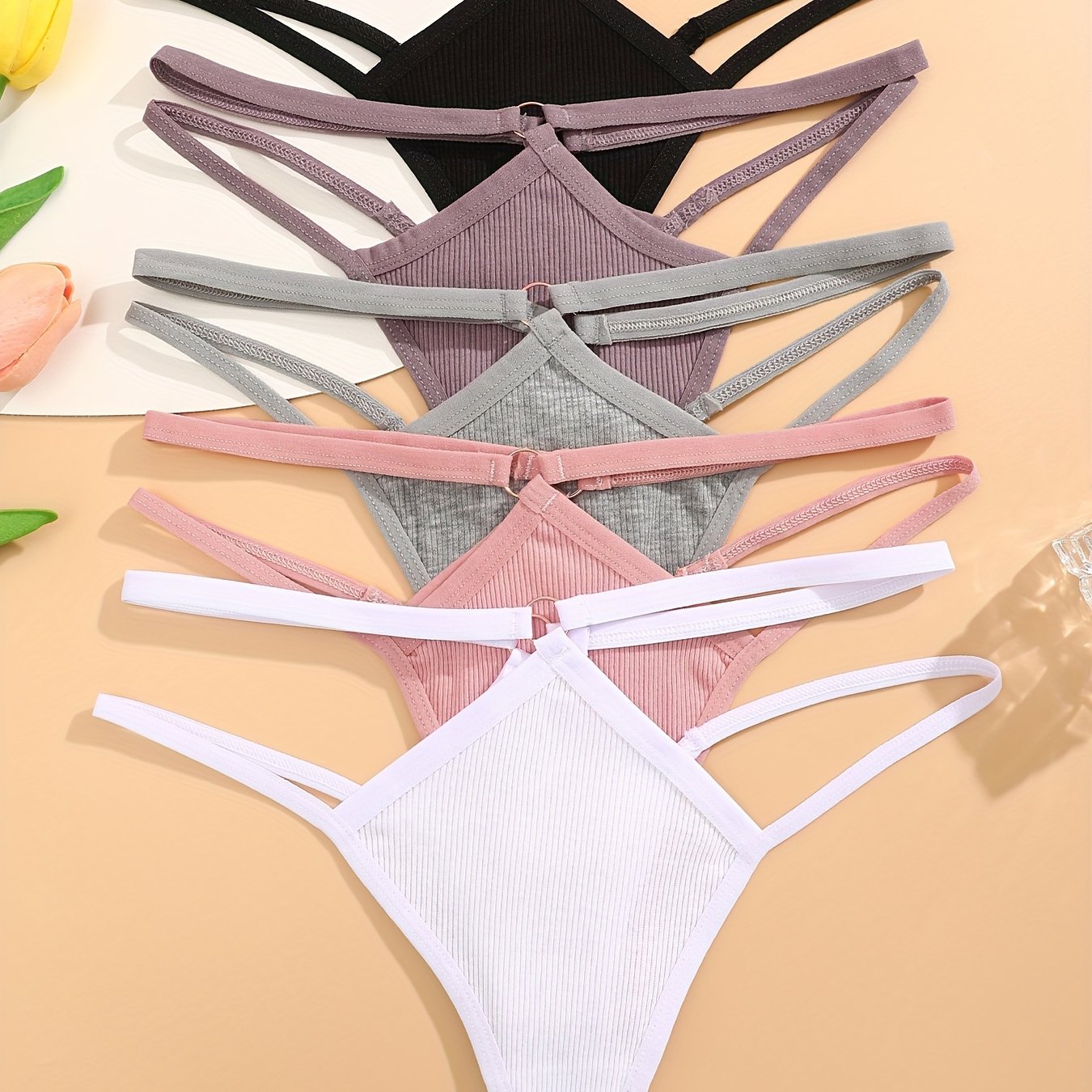 5 solid ribbed ring thongs, comfy, breathable, stretchy intimates for women.