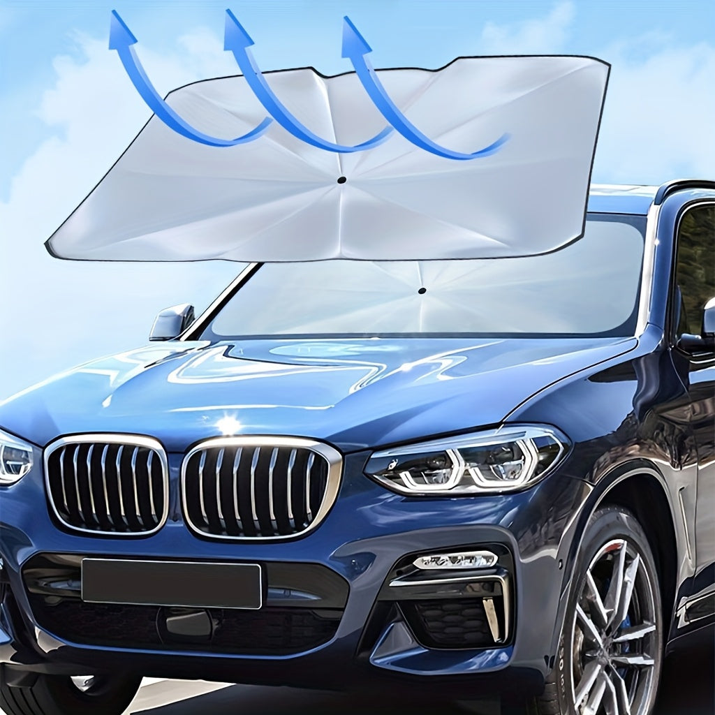 Foldable car sunshade umbrella provides UV protection and blocks heat for most vehicles, easy to use and store.