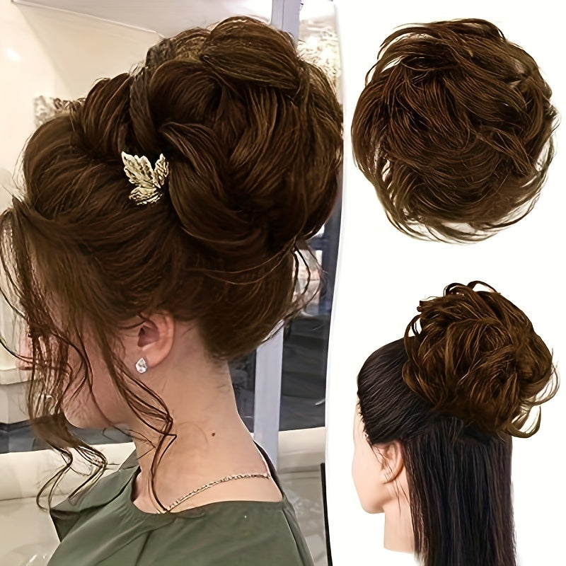 Stylish Women's Claw Clip Messy Bun Hairpiece - Voluminous Body Wave Synthetic Ponytail Extension, Floral and Leaf Design, Party Hair Accessory