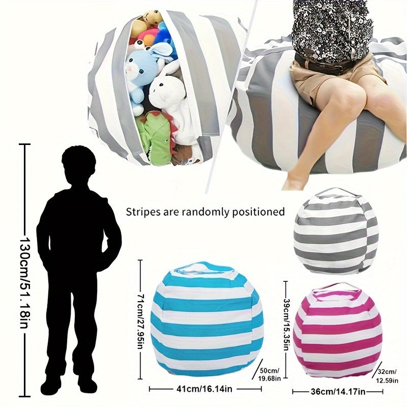 Bean bag chair cover with stripes in a 1-pack, designed for kids. Can fit multiple sizes of stuffed animals and has a zipper for easy access. Doubles as a portable quilt organizer and creative floor cushion sofa for children.