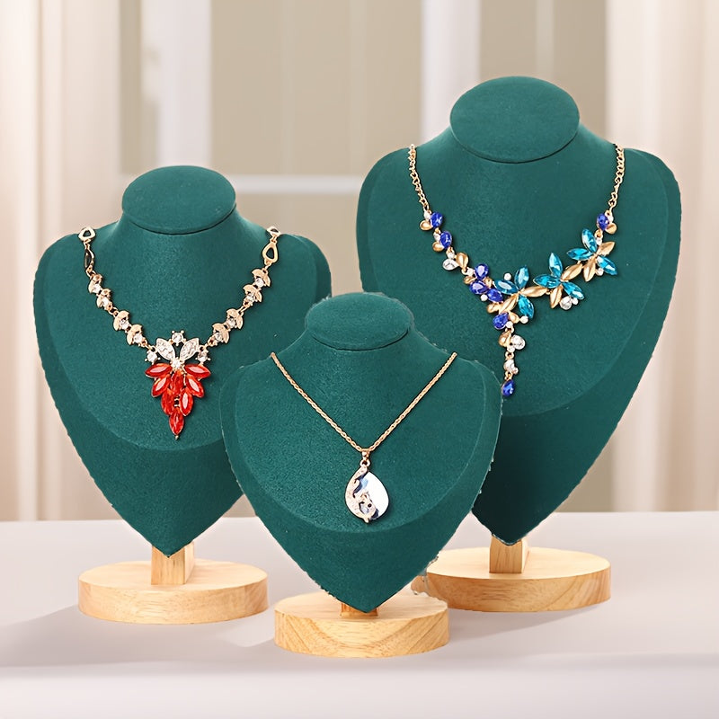 Wooden mannequin jewelry stand for displaying necklaces on dresser or window, ideal for home organization or retail showcasing.