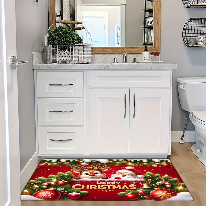 Get into the holiday spirit with this festive red flannel Christmas carpet featuring a non-slip Santa Claus and reindeer pattern. This thickened sponge carpet is perfect for adding a touch of Christmas cheer to your home decor. Use it as a door mat