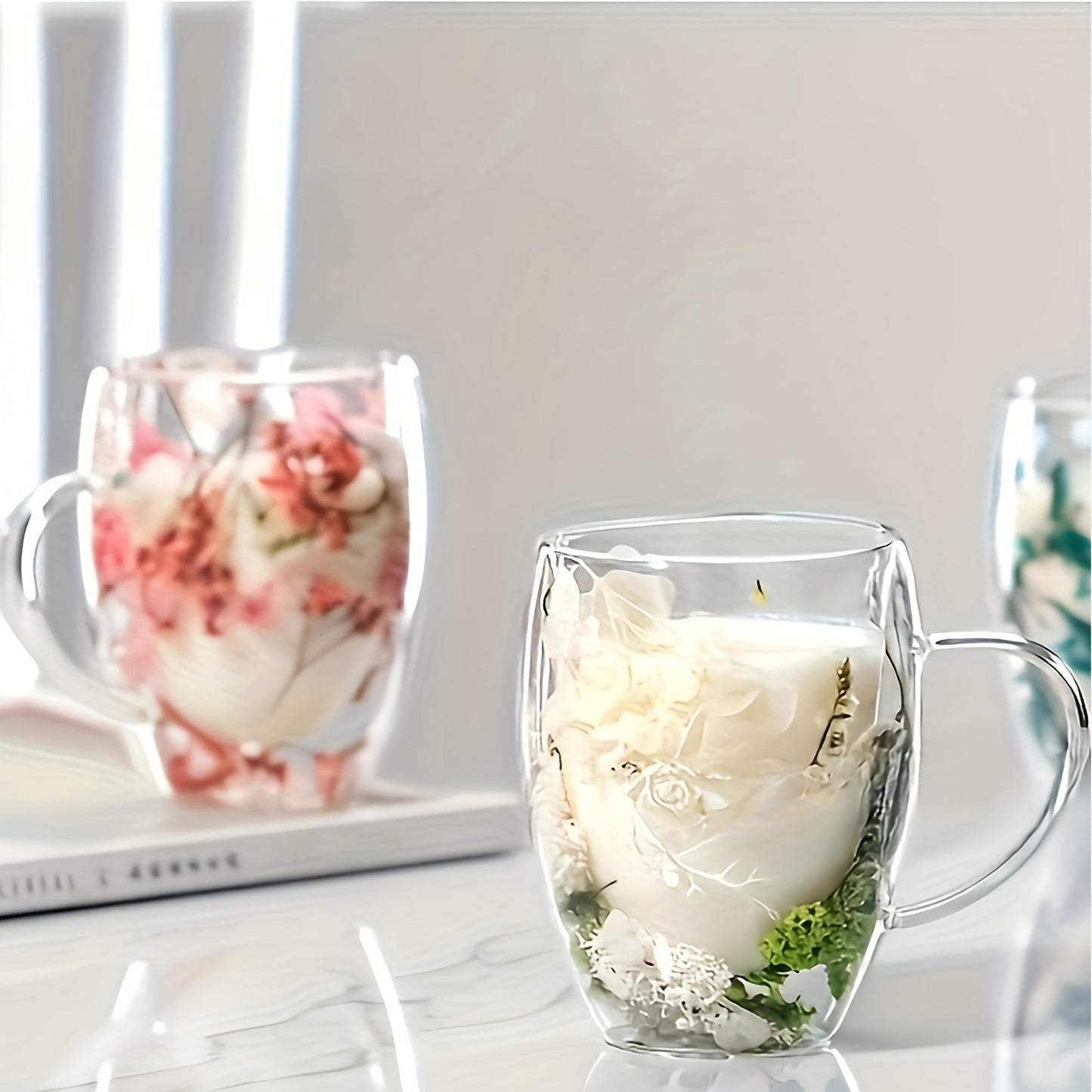 Set of 2 Floral Double-Wall Glass Mugs with Spoons, 11.83 oz Each, Non-Toxic and Durable, Hand Wash Recommended, Suitable for a Variety of Hot Beverages, Great for Home Entertaining and Gift-Giving on Special Occasions like Christmas, Thanksgiving