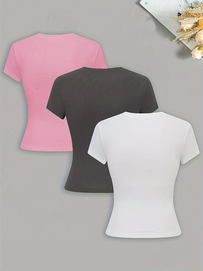 New Women's Slim Fit Solid Color T-shirt Three-piece Set - DP111061