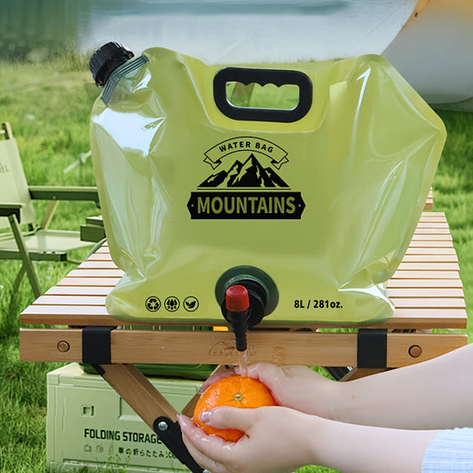 7.99L collapsible water container with spigot, ideal for camping, hiking, travel, and all-terrain vehicles. Durable and portable PE hydration pack.