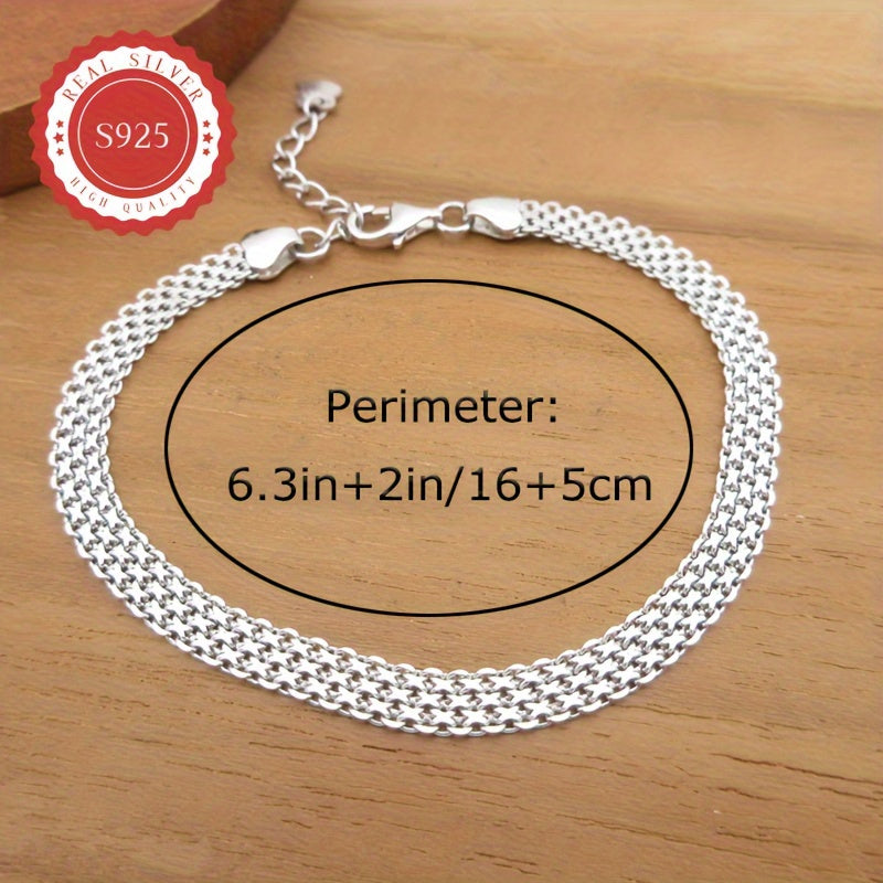 Beautiful Sterling Silver Chain Bracelet Made of S925, Featuring Mesh Embossed Design, Shiny Jewelry Piece, Weighs 5.2g/0.18oz