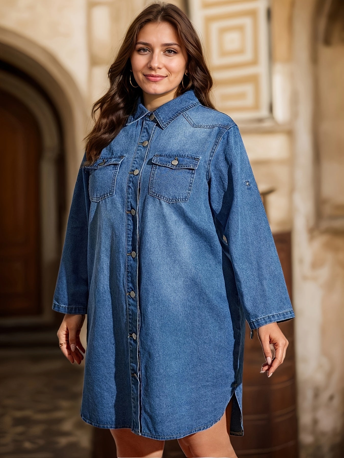 Ruffle hem denim dress with vintage style, long sleeves, and button-up design for women, machine washable.