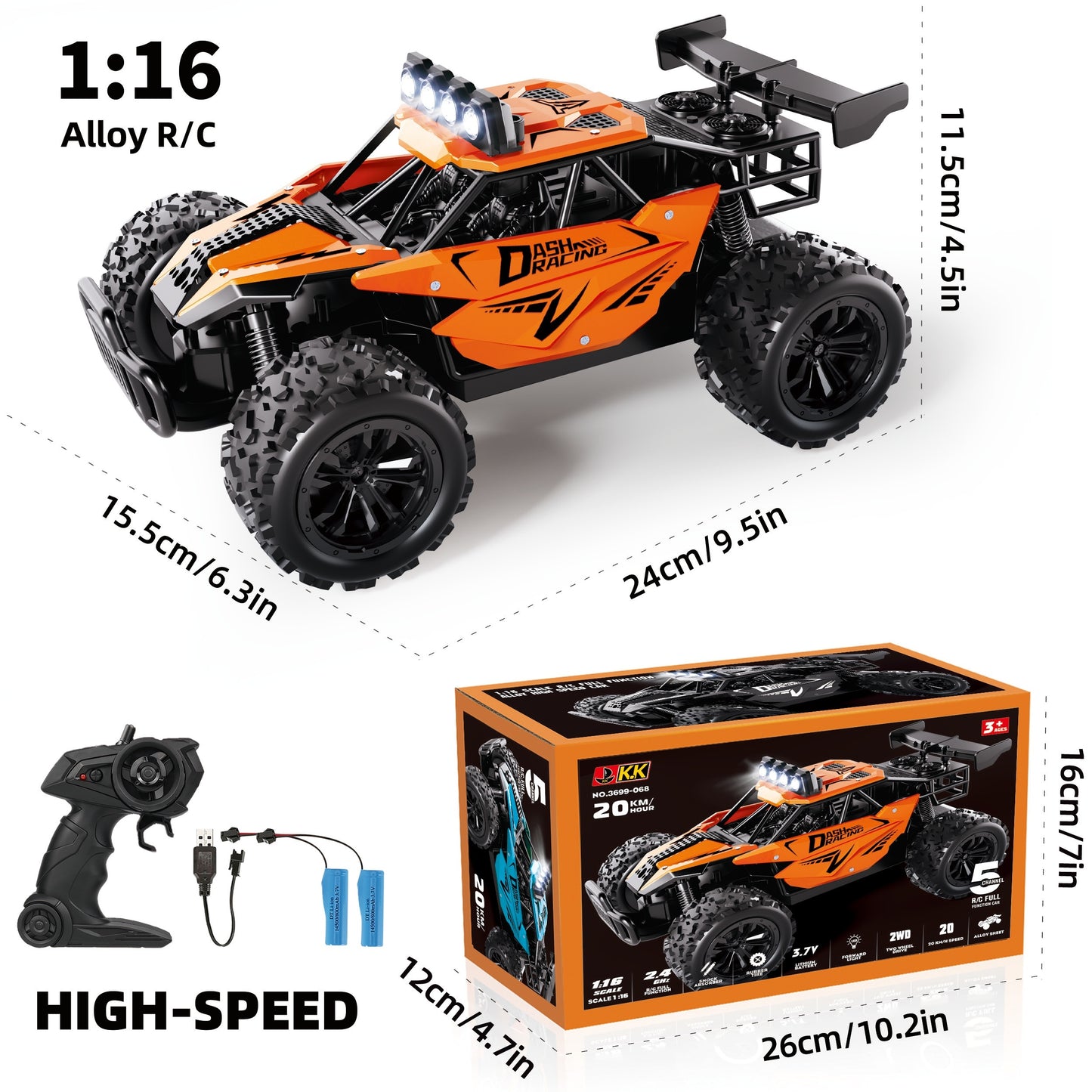 K.K 1:16 Scale High-Speed RC Truck with Alloy Body, Double Battery, and 20 km/h Speed. Includes 2.4G Remote Control in Blue & Black Design. Ideal Gift for Boys and Girls.