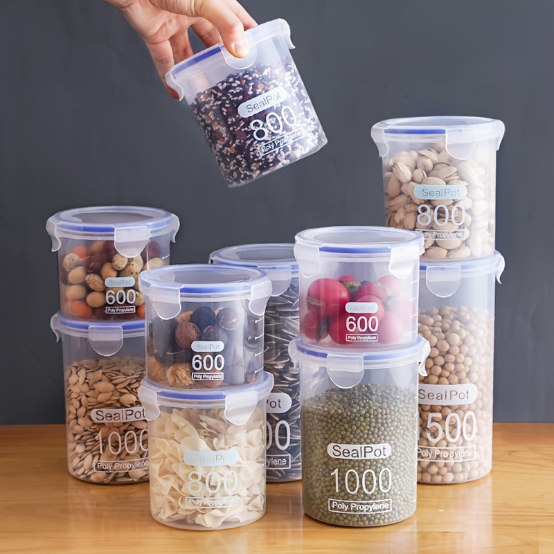 Transparent plastic storage container, 1000ml capacity, large bore, reusable, airtight, moisture-proof, and pest-resistant. This round container comes with a flip-lid and is ideal for storing kitchen grains, nuts, snacks, and organizing your home.