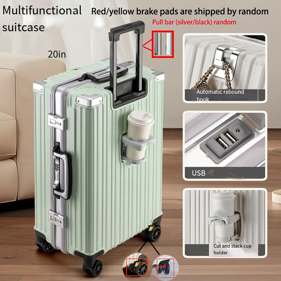 Durable 20-inch travel trolley with spinner wheels, USB port, combination lock, and large capacity. Comes in various colors.