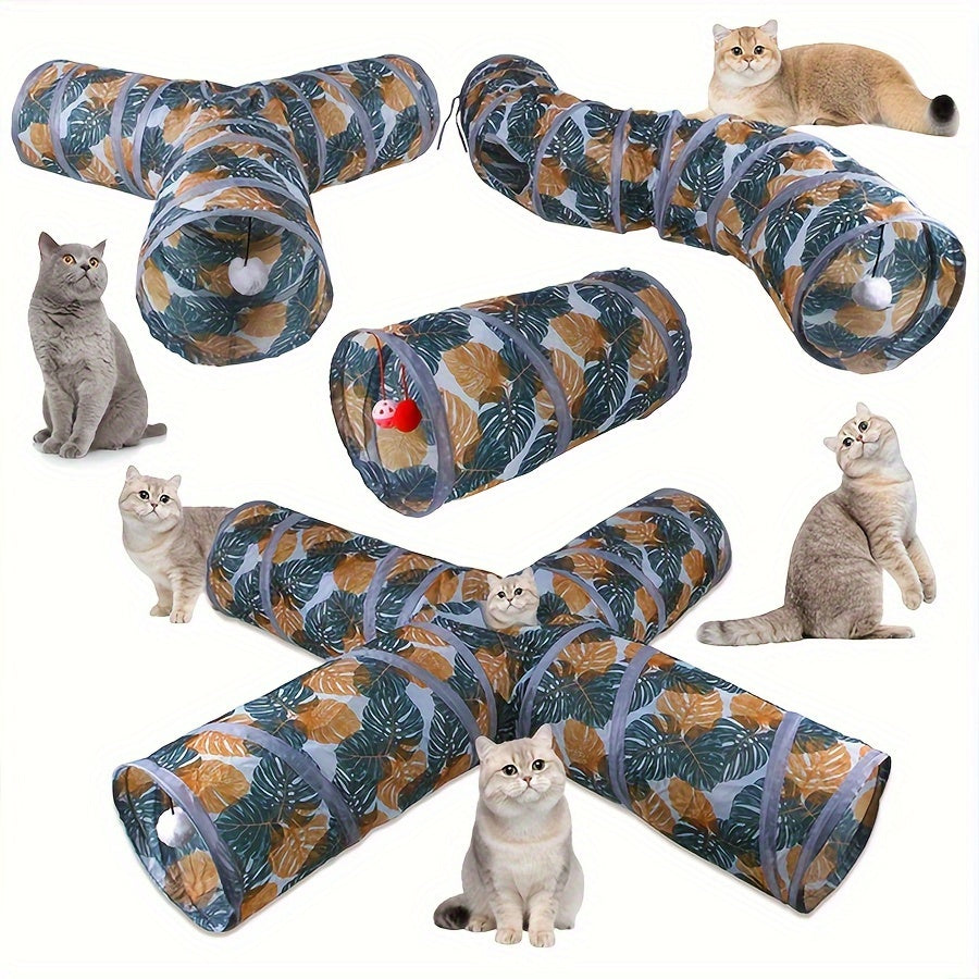 Collapsible cat tunnel with playful leaf print, foldable polyester pet toy for cats. Interactive and stimulating fun, easy to store and clean. Durable interactive cat toy.