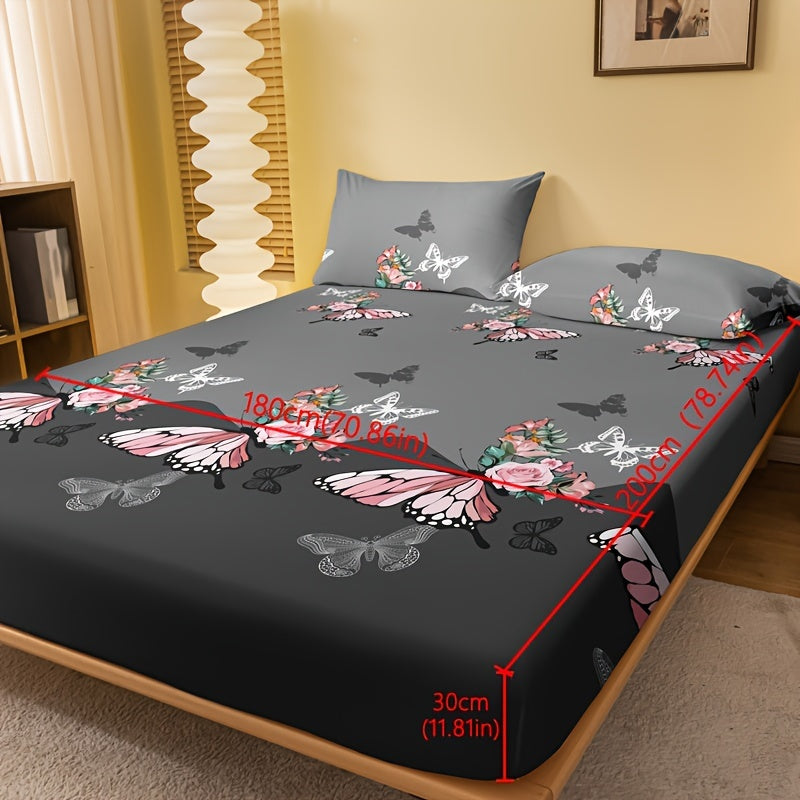 Butterfly Floral Print Brushed Fitted Sheet - Soft Comfortable Bedding Mattress Protector Without Pillowcase for Bedroom or Guest Room - Deep Pocket Fitted Bed Sheet only