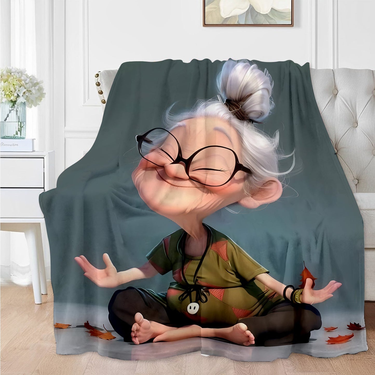 Modern Yoga Granny Throw Blanket made of Soft and Comfortable Flannel Fleece, featuring a Digital Print on Polyester material. It is a Lightweight Fabric weighing 200-250g, with All-Season Cozy Knitted Craftsmanship. Perfect for gifting to family