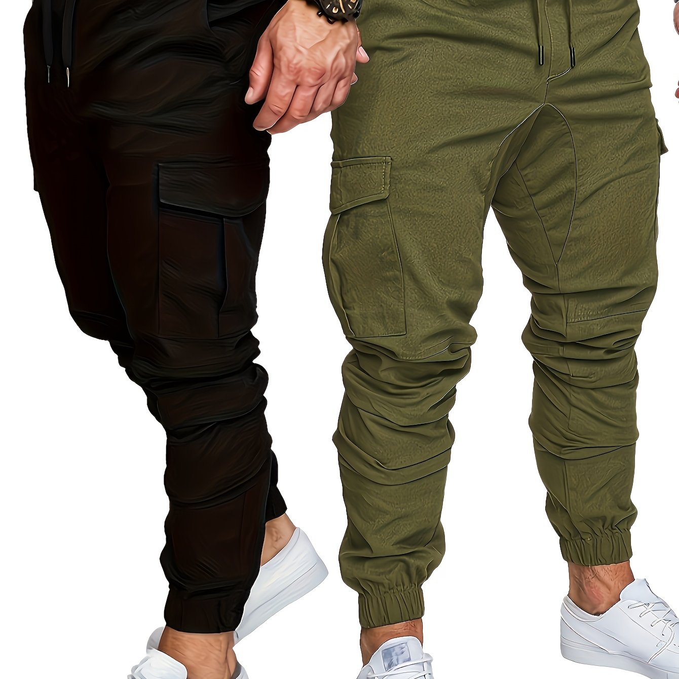 2-piece men's cargo pants set in solid color cotton with drawstring waist, regular fit, all-season wear.