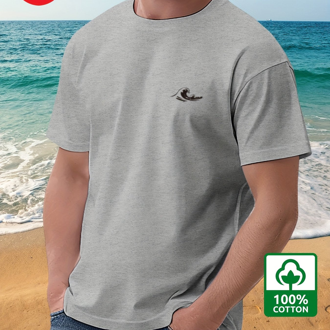 Men's Premium Cotton Short-Sleeve T-Shirt with Surfing Print - Crew Neck, Machine Washable