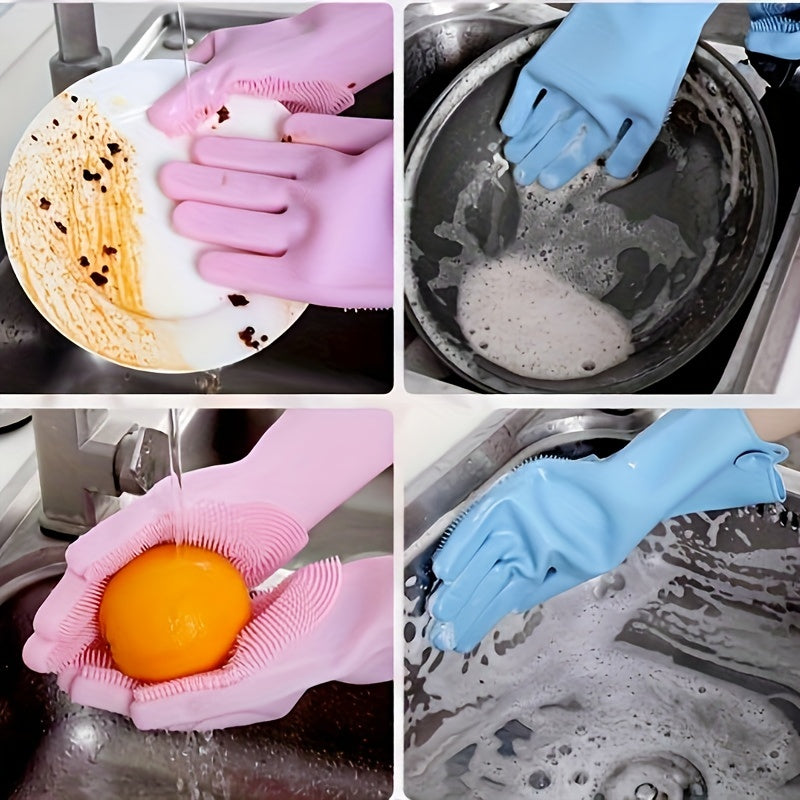 Best-Selling: Set of 2 pink and blue dishwashing gloves for household chores, kitchen use. Made of durable silicone rubber Faux Leather, these gloves are waterproof and perfect for washing clothes, vegetables, and dishes. They are a must-have cleaning