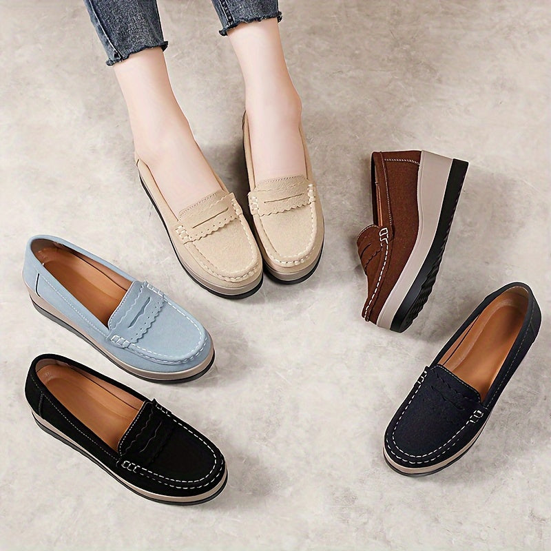 Women's slip-on loafers in solid color, lightweight faux comfort shoes with plain toe design for all seasons.