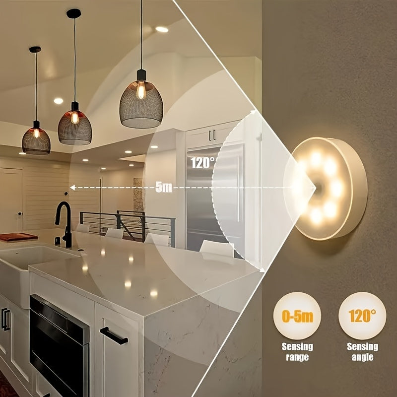 Adjustable LED motion sensor night lights with USB rechargeable battery for kitchen counters and stairs.