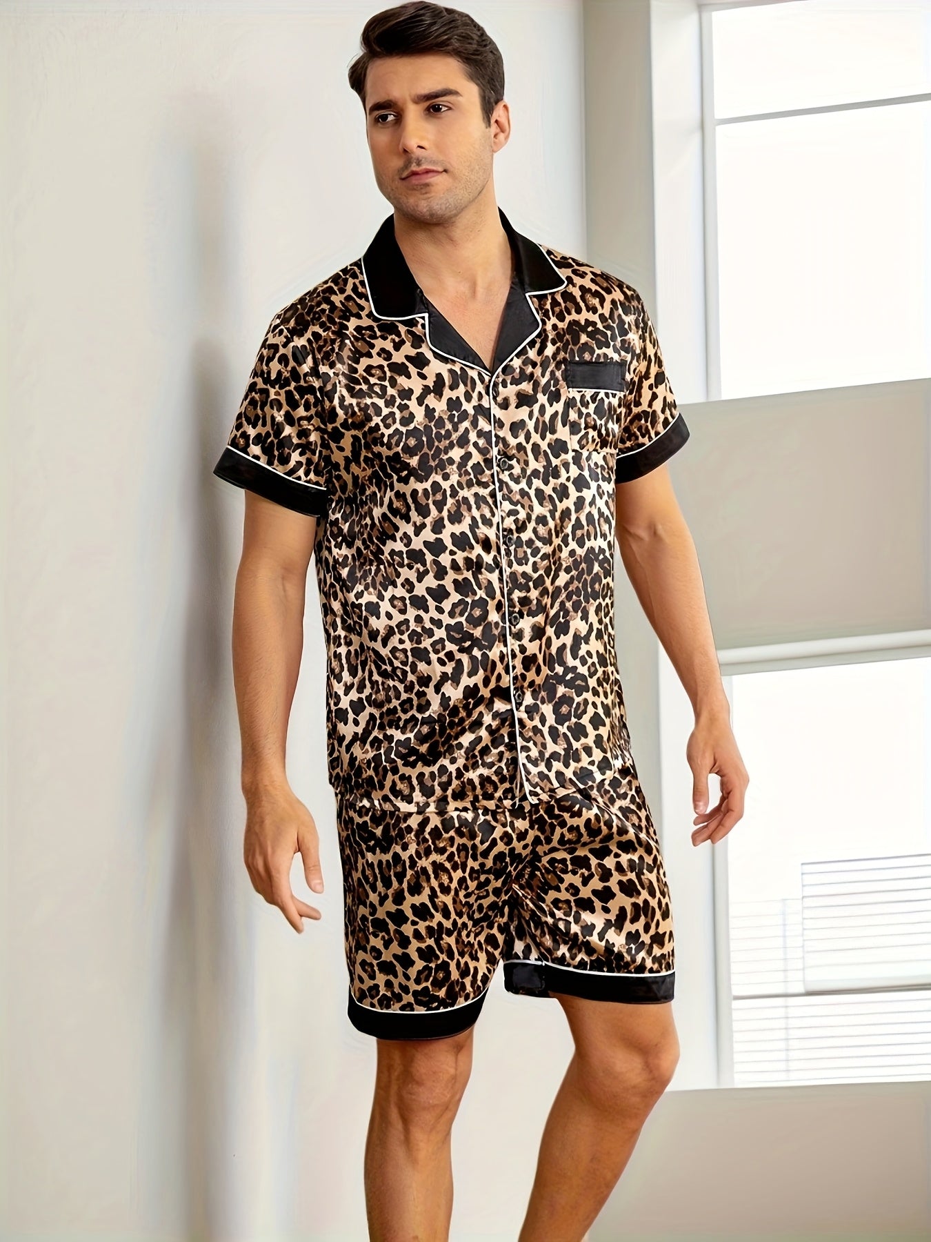 Men's Summer Pajamas Set with Reversible Collar and Short Sleeves, Cool and Breathable fabric, Skin-friendly, Simple Style