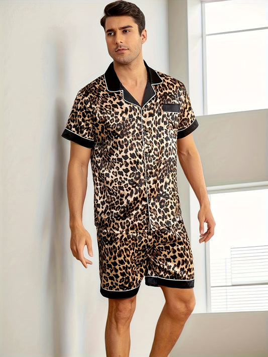 Men's Summer Pajamas Set with Reversible Collar and Short Sleeves, Cool and Breathable fabric, Skin-friendly, Simple Style