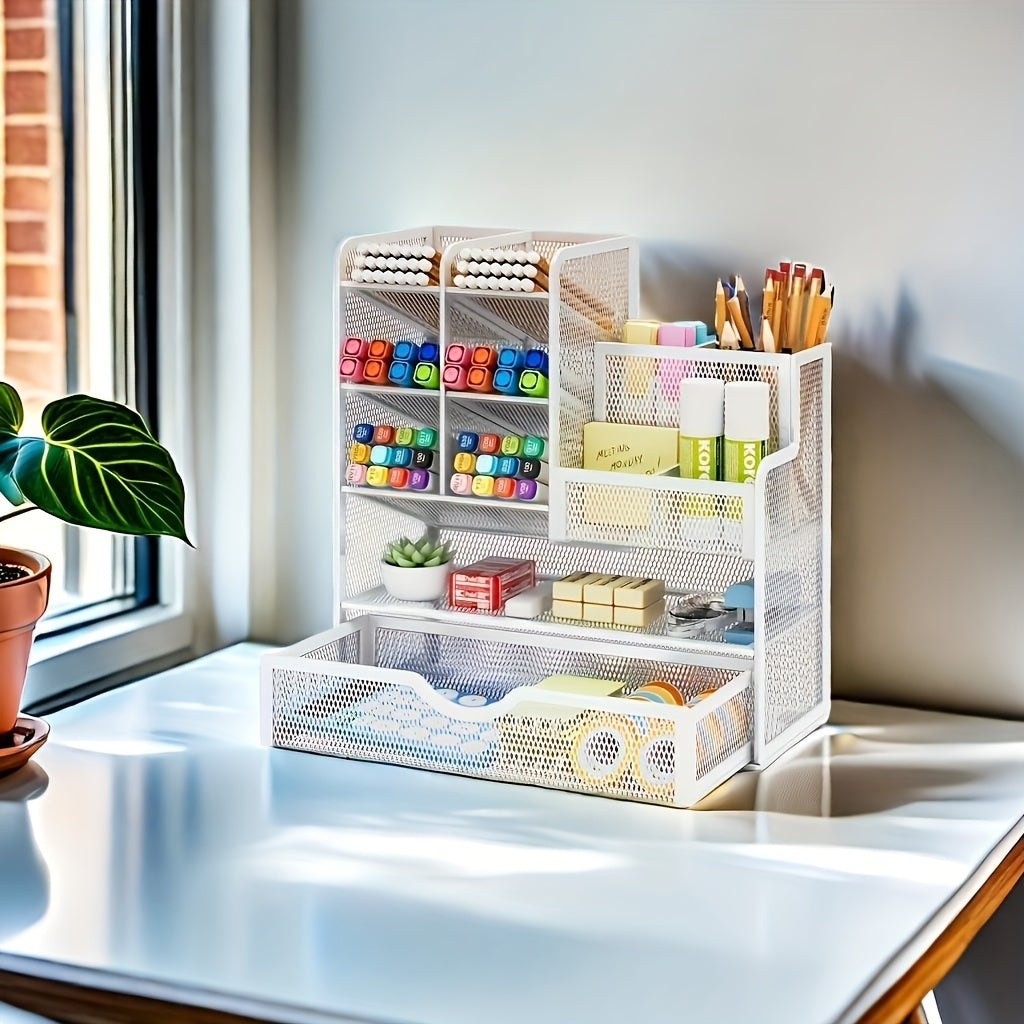 Iron Mesh Desk Organizer with Drawer - Multi-Functional Pencil Holder, Office Art Supplies Storage, Non-Slip Feet, Smooth Edges, Durable Metal Mesh.