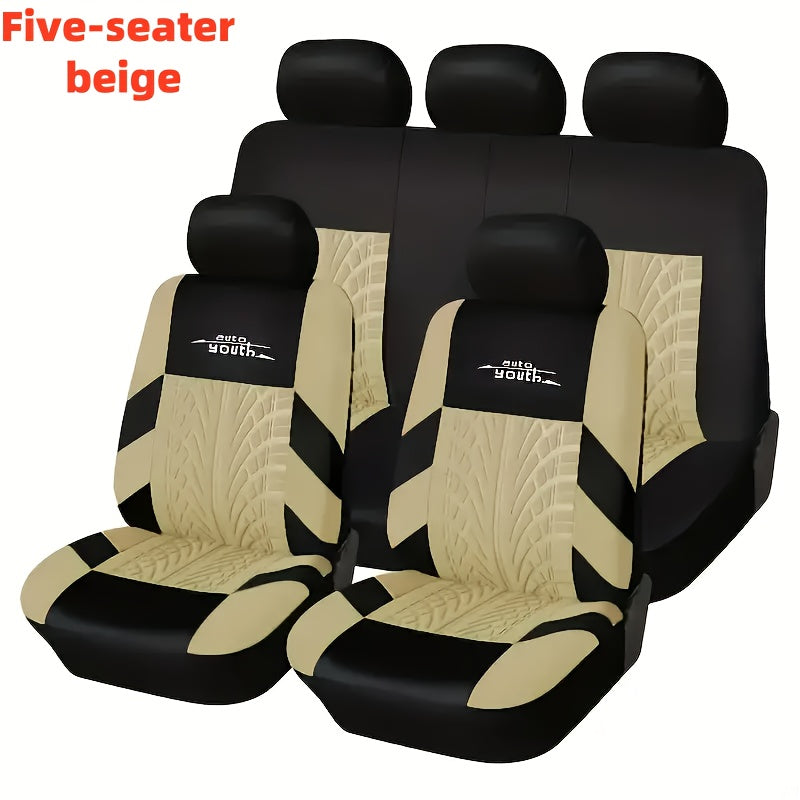 Universal nine-piece car seat cover set with soft, sponge filling and stylish tire trace design. Suitable for all seasons and most car models. Acts as a car seat protector.