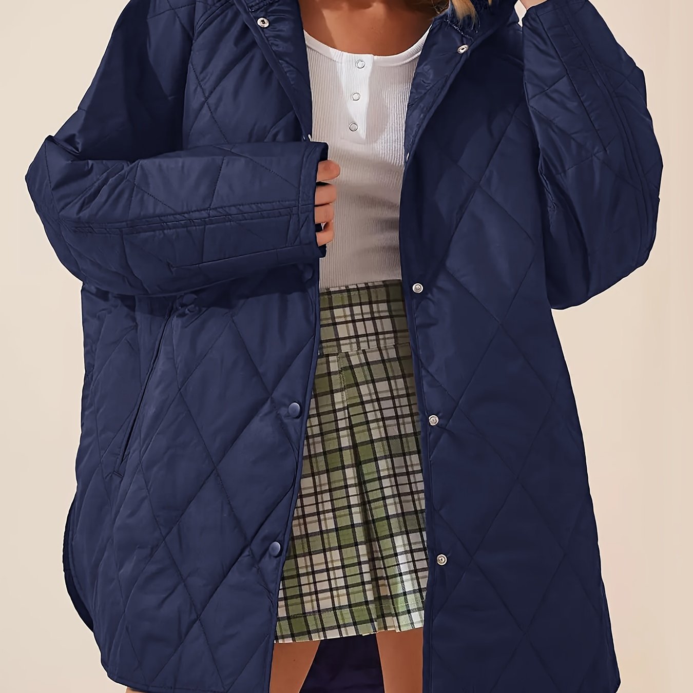 Quilted plain hooded jacket coat for women, perfect for fall & winter. Casual, long sleeve and warm outerwear.