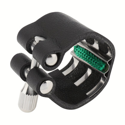 Black faux leather clarinet ligature with adjustable screws and shock-absorbing fastener for B flat clarinet.