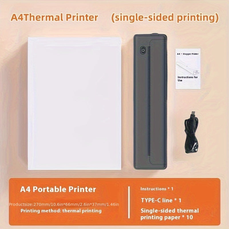 HZTZ A4 Portable Thermal Printer with wireless and USB connectivity, inkless monochrome output, supports various file types, high-definition printing, 2000mAh rechargeable battery