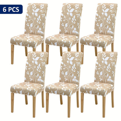 Set of 4/6 checkered light brown floral print chair covers for home decoration and furniture protection.