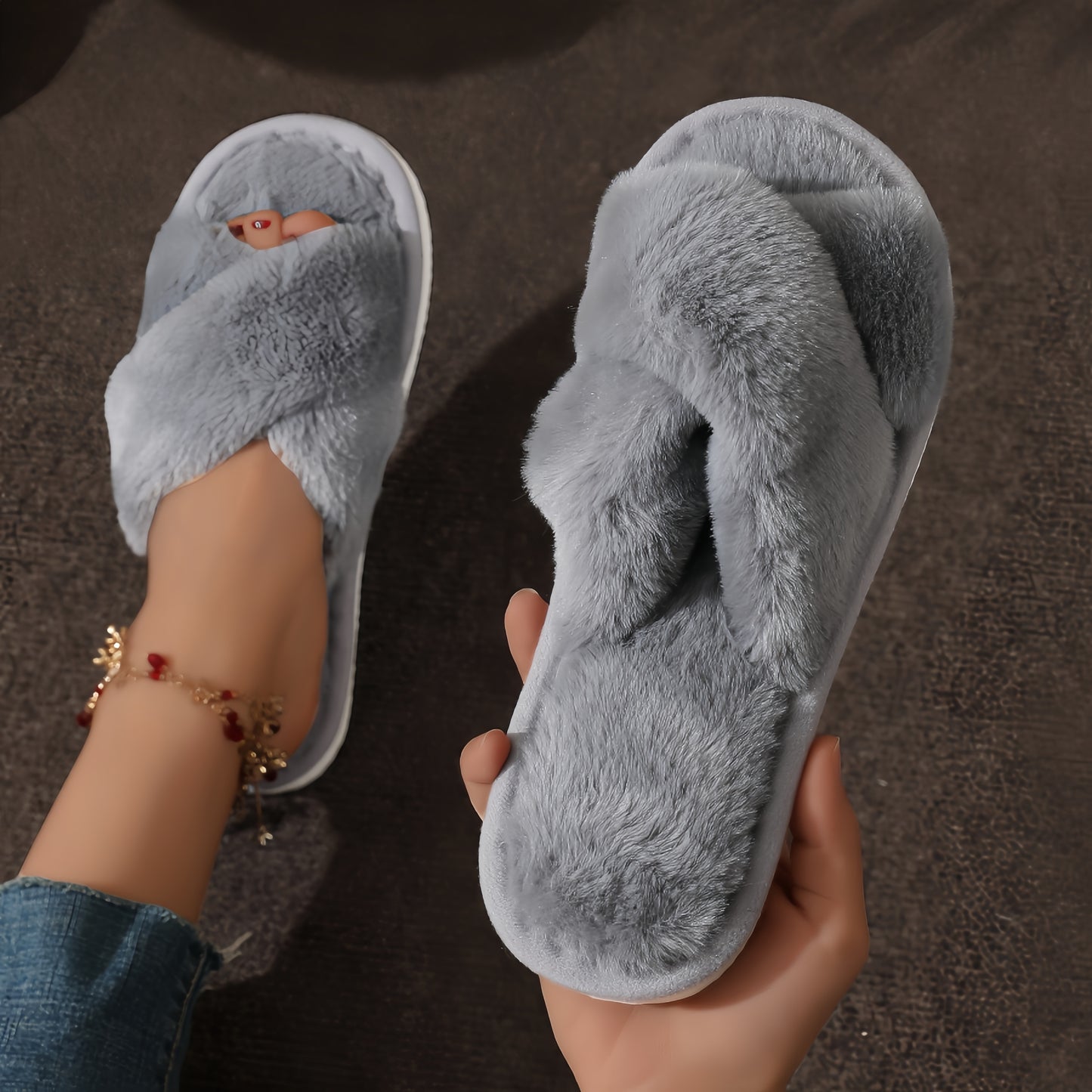 Leopard print plush slippers with soft soles, non-slip for cozy warmth at home.