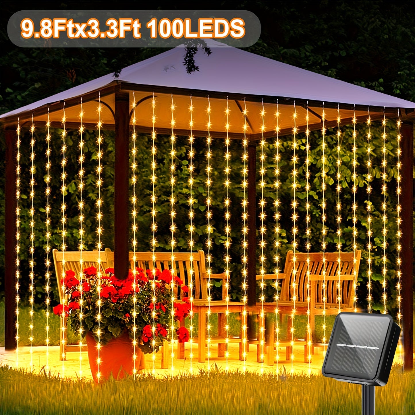 Solar powered waterfall LED string lights with 300 LEDs, 8 modes. Ideal for outdoor and indoor decor, great for camping, weddings, parties, RV, and patio. Dimensions: 298.7x298.7cm.