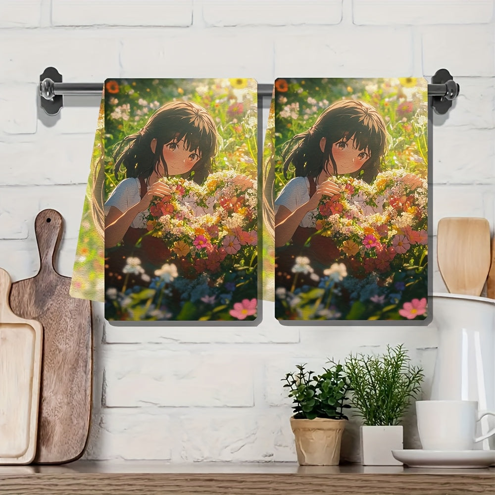 Set of 2 Ultra Soft Kitchen Towels featuring an Anime Girl creating a heart-shaped wreath with freshly picked flowers in a sunlit meadow. These dish hand towels are highly absorbent and perfect for holiday decor. Machine washable and measuring 16x24