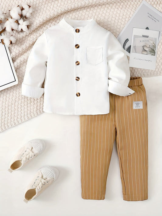 Boys' two-piece suit with round neck long sleeve shirt and striped trousers, perfect for outdoor wear.