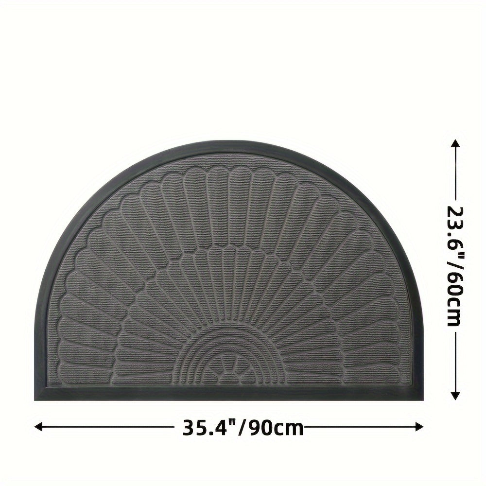 Half circle doormat made of polyester material. Can be used indoors or outdoors. Hand wash only. Ideal for entryway, balcony, patio, garage, and office. Dust-proof and anti-slip.