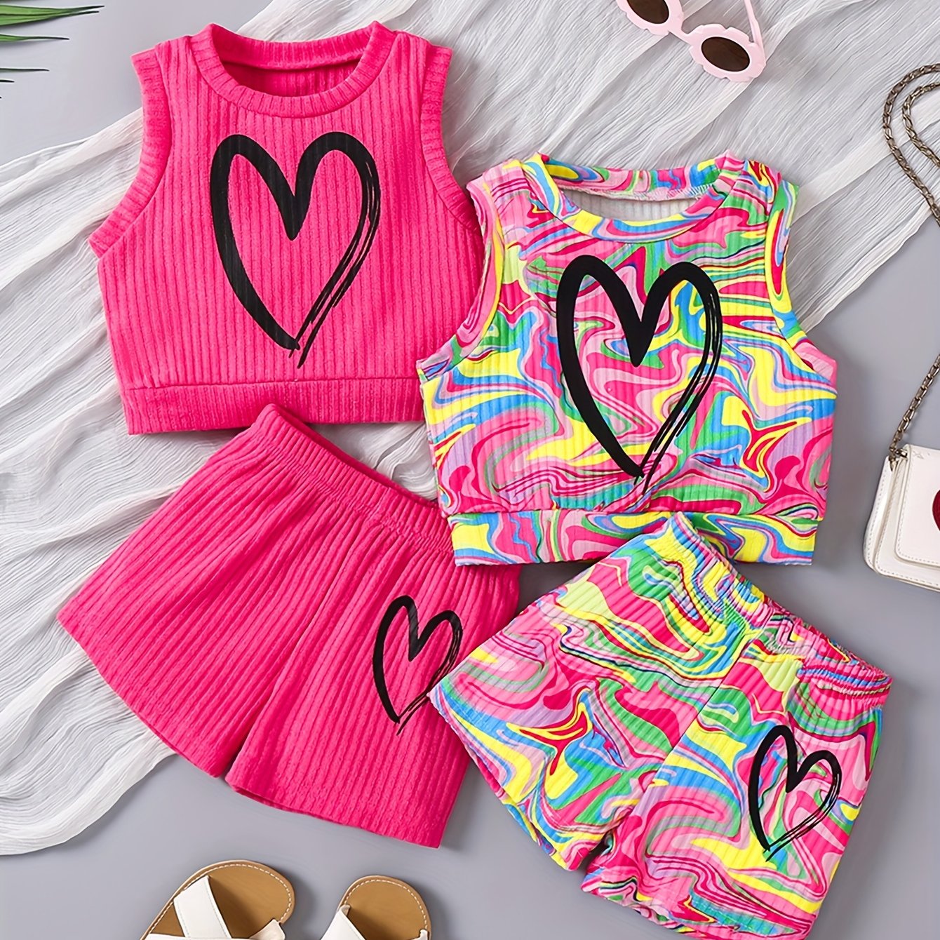 4-piece girls' summer outfit set featuring a strapless heart print tank top and shorts. Made of casual polyester knit fabric with medium stretch for a loose fit. Ideal for outdoor